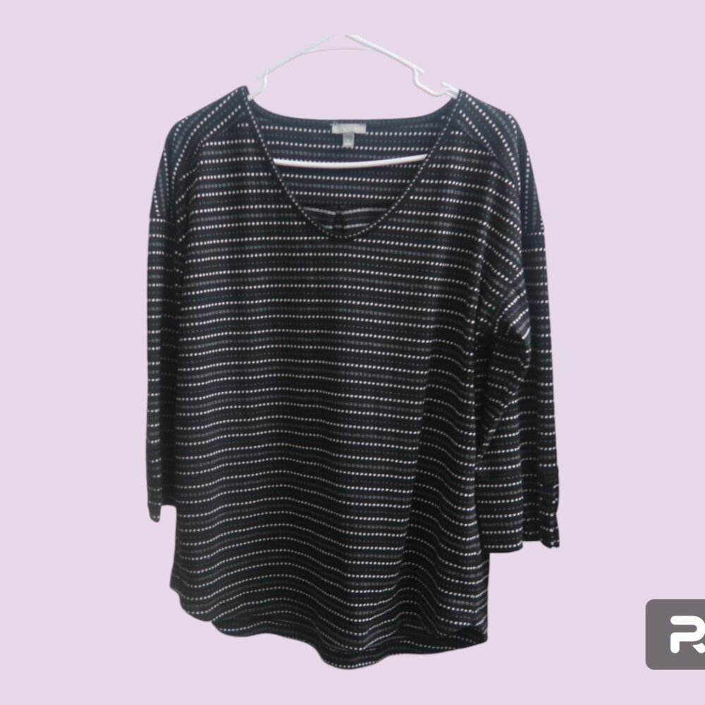 T by Talbots polka dot striped blouse 3/4 sleeve in black, gray and white size L